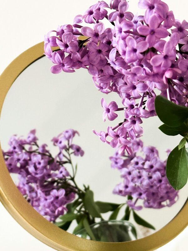 Elegant lilac flowers reflected in a round mirror, showcasing spring beauty and decoration.