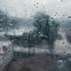 Raindrops on a window, capturing a serene and moody rainy day with a blurred outdoor view.